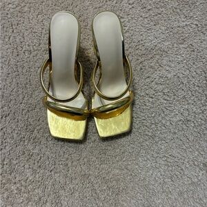 Gold Metallic Square-Toe Double Strap Slide Heels